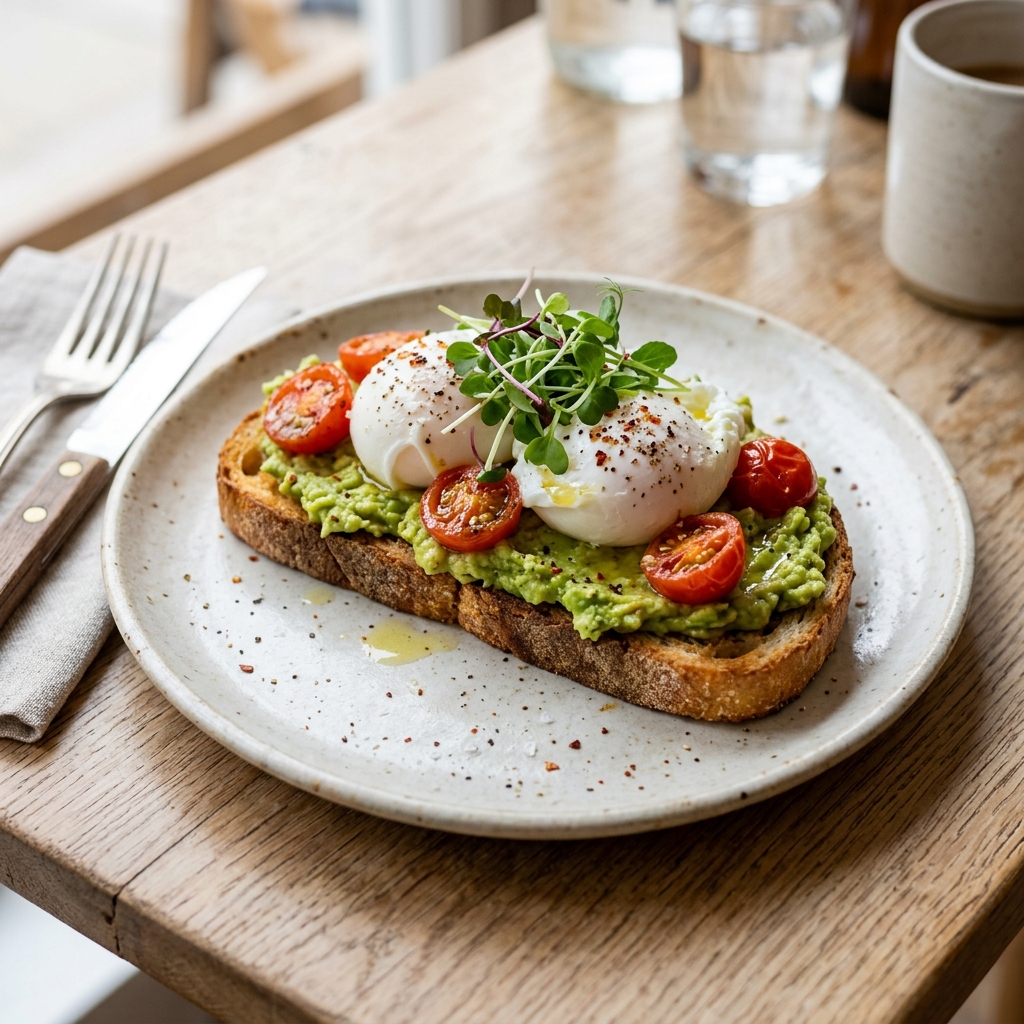 Avocado toast with poached eggs and tomatoes